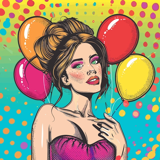 Vector a woman with a pink eye and a yellow and green background with balloons