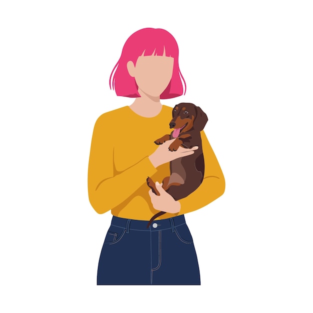 Woman with Pink Hair Holding a Dog in Flat Vector Illustration