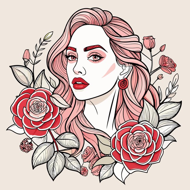 Vettore una donna con i capelli rosa e una rosa rossa al centro