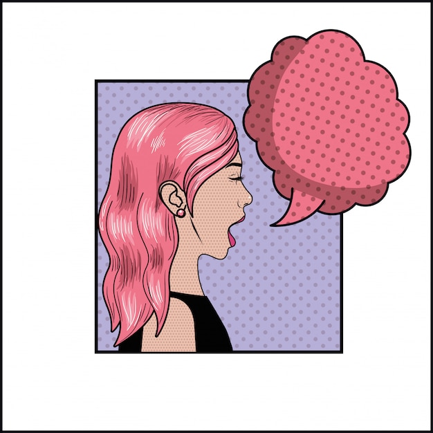 woman with pink hair and speech bubble pop art style