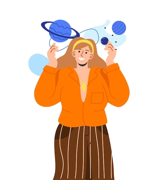 Woman with planets at head vector concept