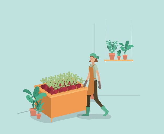 Woman with plants vivarium in shelving