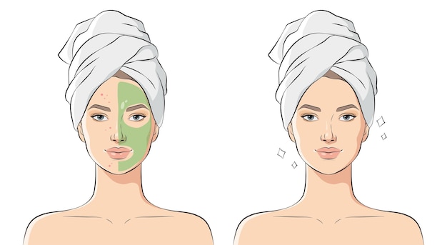 Vettore la donna con la pelle problematica utilizza l'illustrazione del vettore della maschera cosmetica