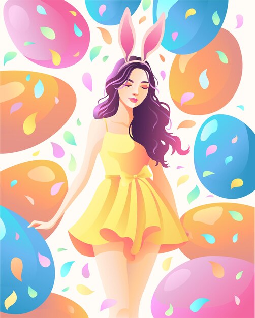 Vector woman with rabbit ears and easter eggs