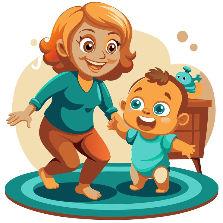 Vector a woman with red hair and a baby are both smiling while walking on a blue rug