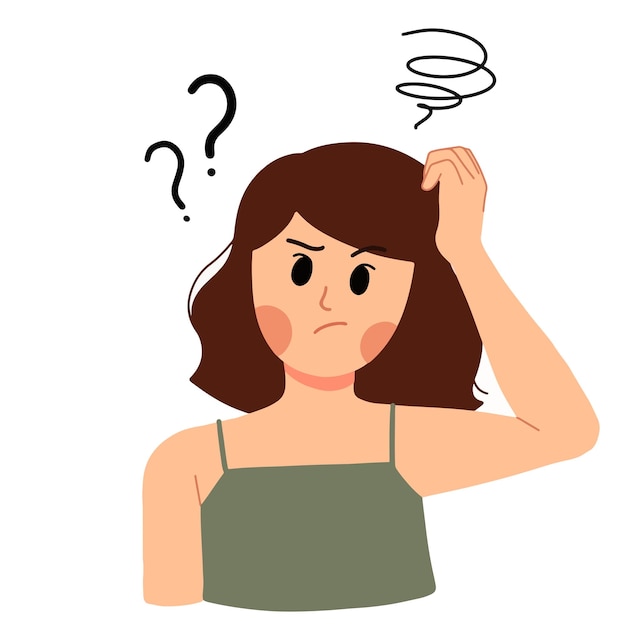 Woman with red hair confuse hand on head question mark illustration