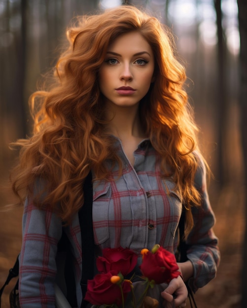 Vector a woman with red hair holding a bouquet of red roses