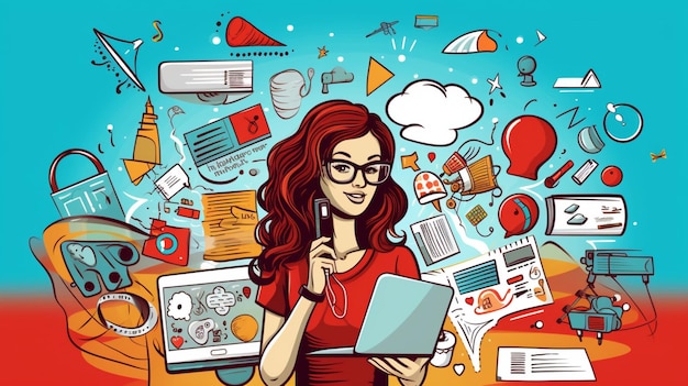 Vettore una donna con i capelli rossi è in piedi davanti a un computer e un disegno di una donna con capelli rossi