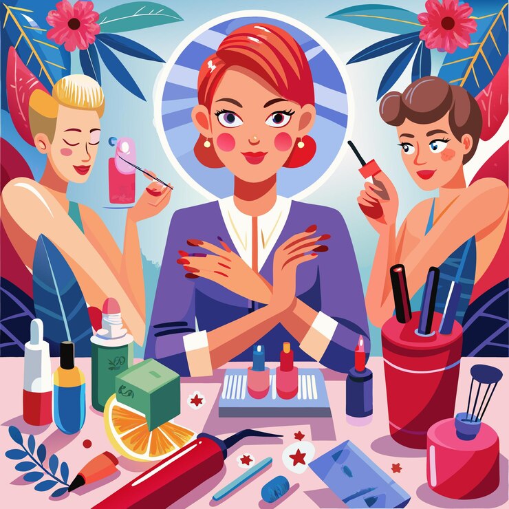 Vector woman with red hair is surrounded by women getting their nails done in a nail salon with tropical leaves and flowers