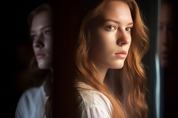 A woman with red hair looking out the window