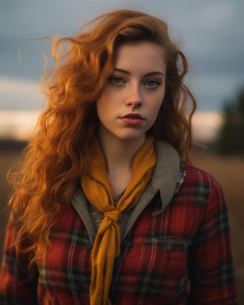 A woman with red hair and a plaid shirt standing in a field
