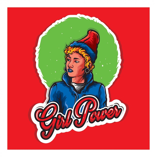 woman with red hat and text girl power