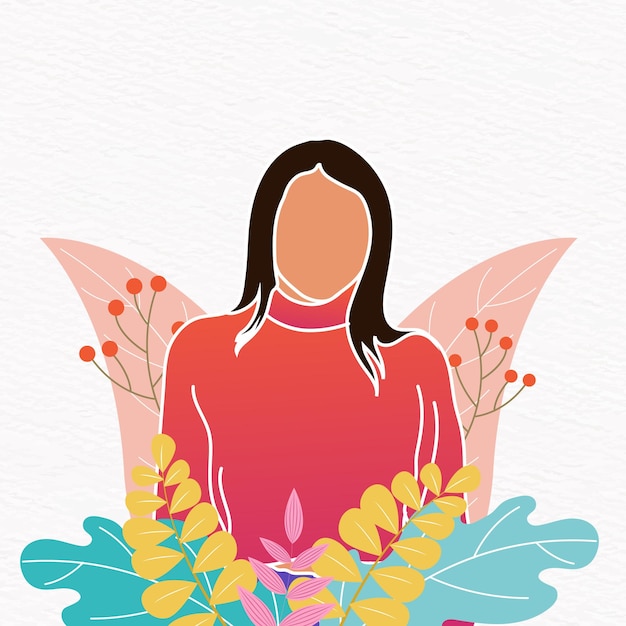 Vector a woman with a red shirt and a red shirt is surrounded by leaves and flowers.