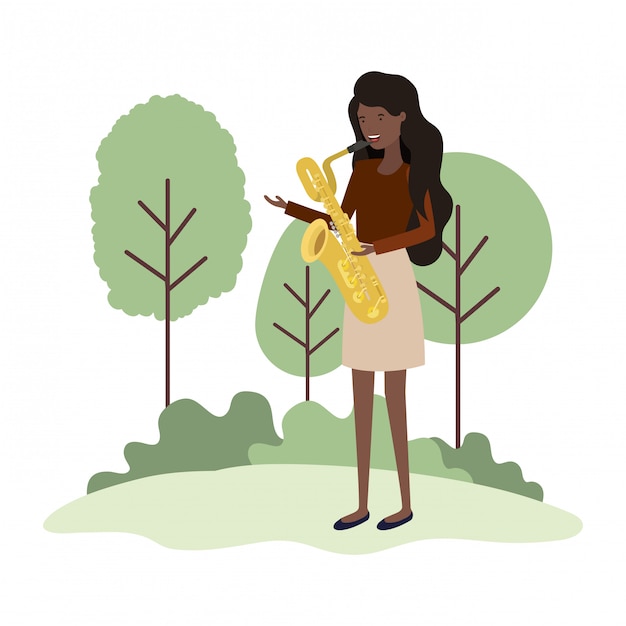 Woman with saxophone in landscape avatar character