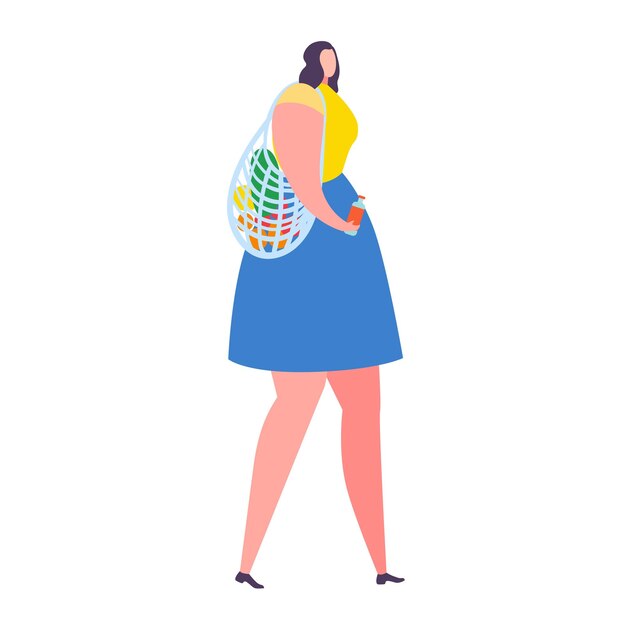 Vector woman with shopping bag full of groceries walking and using phone plus size female with ecofriendly