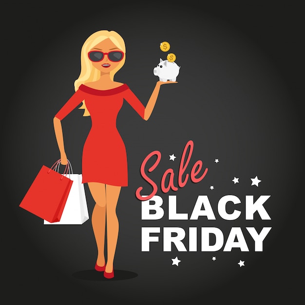 Vector woman with shopping bags, black friday sale