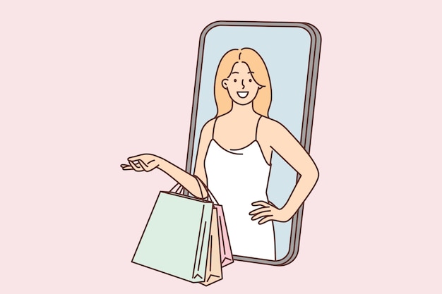 Woman with shopping bags peeking from phone screen recommending using mobile app for online shopping