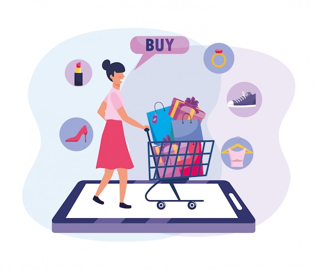 Woman with shopping cart and bags to ecommerce technology