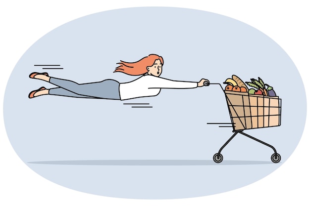 Vector woman with shopping cart full of groceries