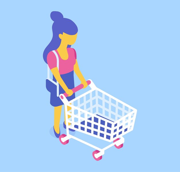 Vector woman with shopping cart isometric vector illustration supermarket