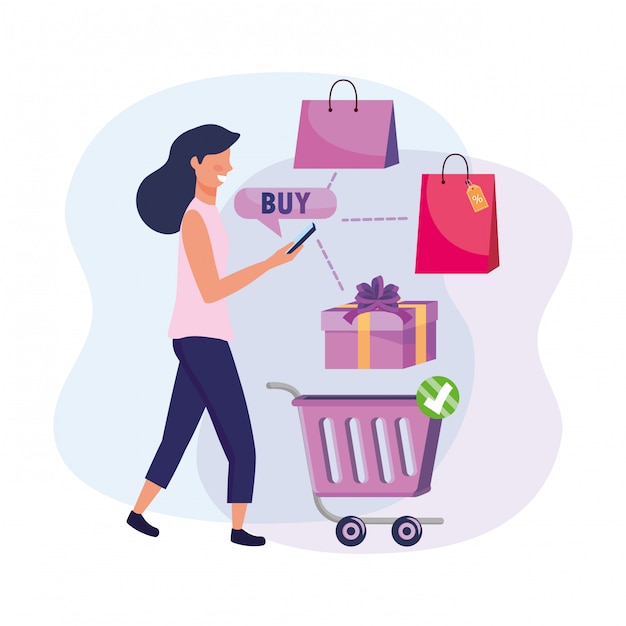 Woman with shopping cart and smartphone ecommerce