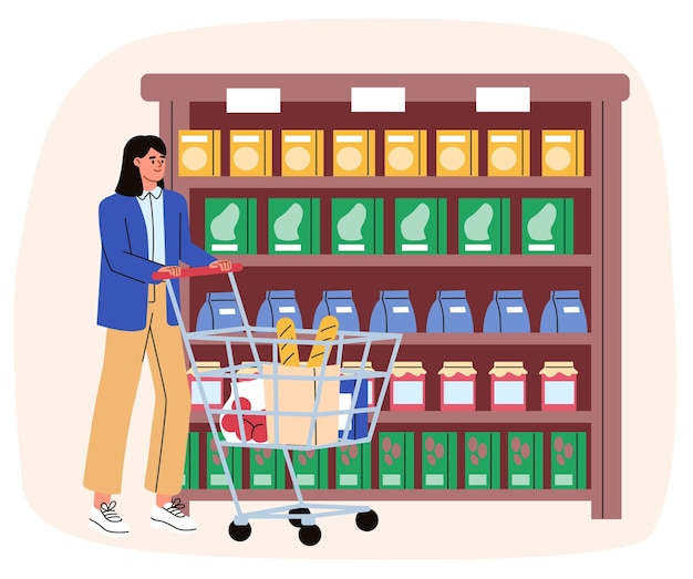 Woman with  shopping cart in the supermarket girl in the shop choosing food flat vector illustration