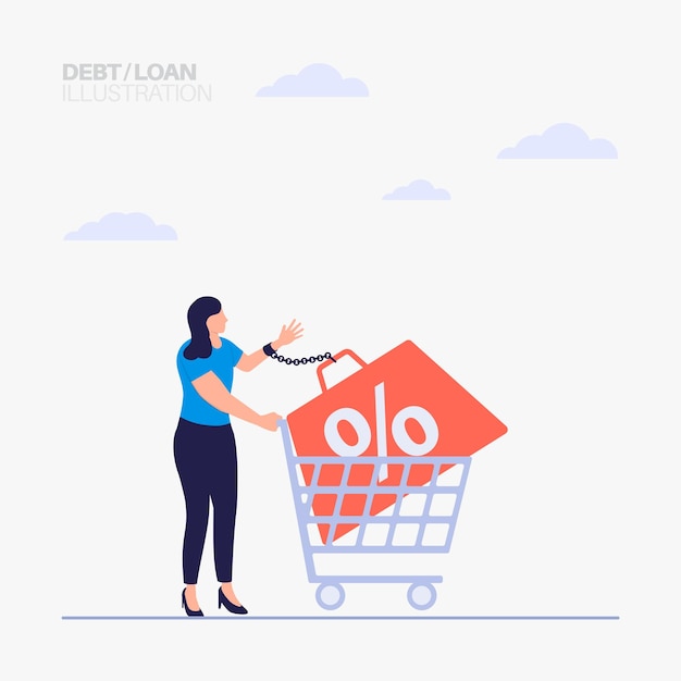 Woman with shopping cart trapped enjoying discounts and failing to pay taxes illustration concept