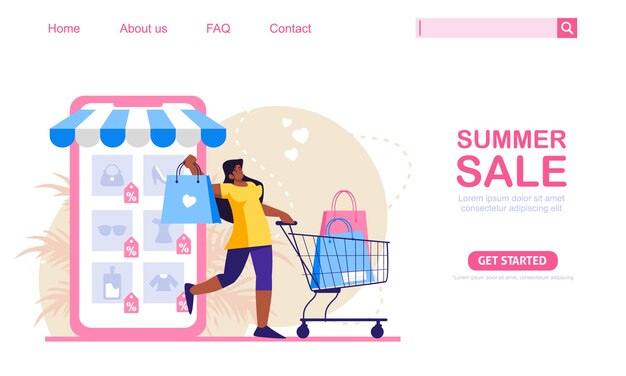 Woman with shopping trolley and bags shop at online store. mobile phone store at background. online shopping concept illustration