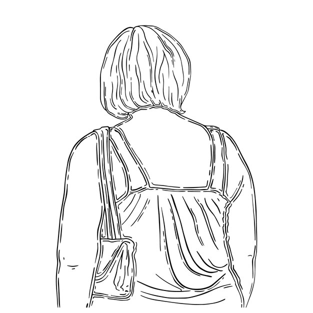 Woman with short hair in a tank top with a bag turning her back doodle linear