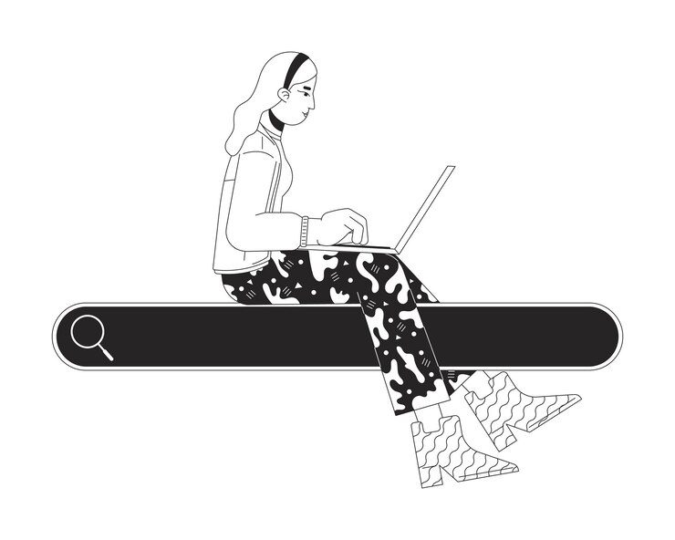 Vector woman with sitting on search box black and white 2d line cartoon character