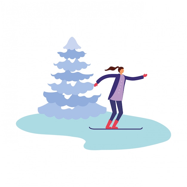 Woman with ski and pine tree winter season