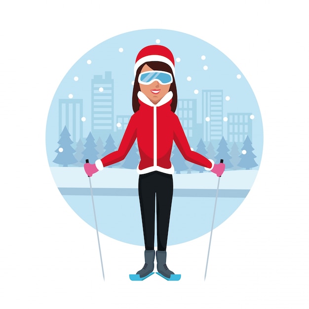 Vector woman with skis