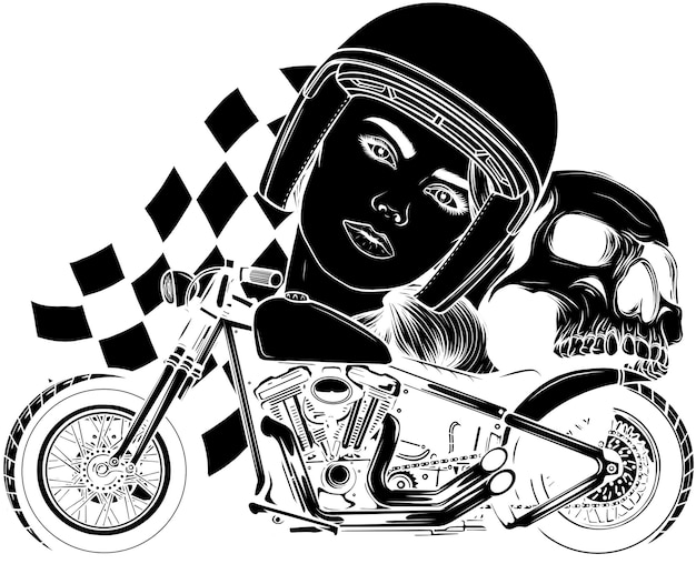 woman with skull and motorcycle on white background