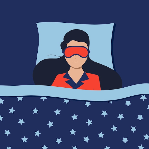 Woman with sleepeing mask sleeping at night in bed at home or in hotel