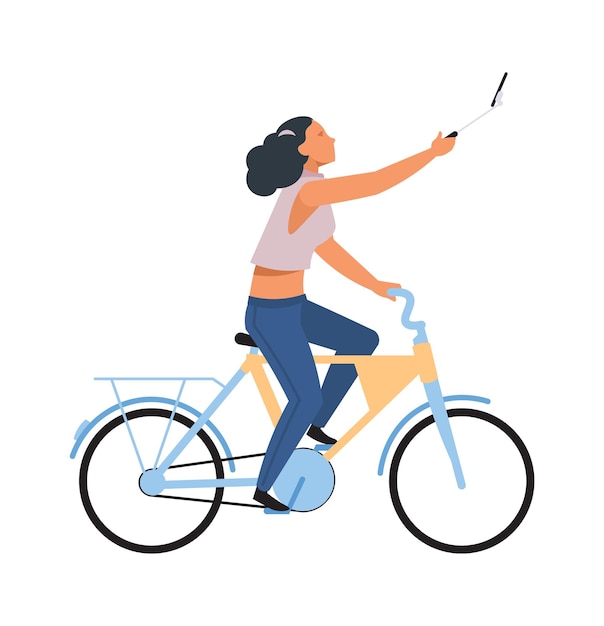 Woman with smartphone on bike Cartoon riding girl making selfie on phone simple character healthy leisure lifestyle teenager outdoor activities in park flat vector illustration