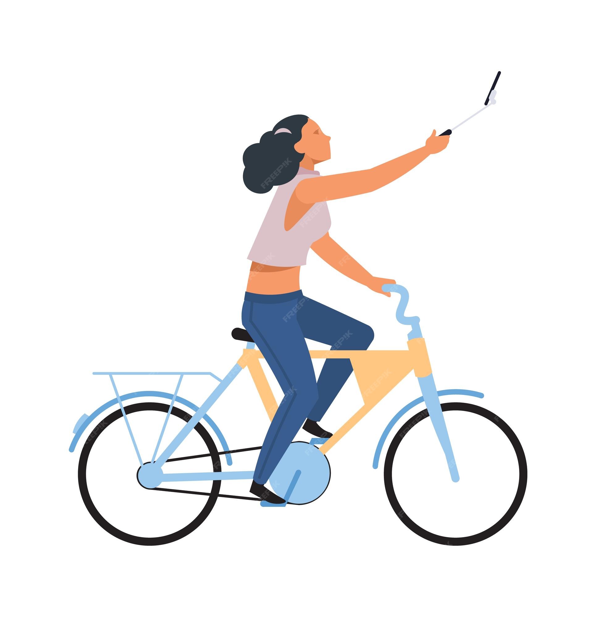 Premium Vector | Woman with smartphone on bike cartoon riding girl making selfie on phone simple character healthy leisure lifestyle teenager outdoor activities in park flat vector illustration Premium Vector | Woman with smartphone on bike cartoon riding girl making selfie on phone simple character healthy leisure lifestyle teenager outdoor activities in park flat vector illustration