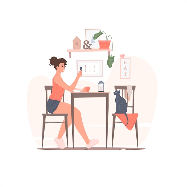 Vector woman with smartphone having breakfast with cat  illustration.