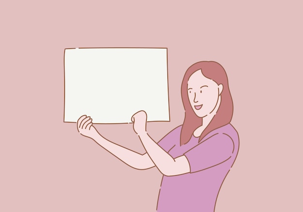 Woman with smile holding blank empty space paper for template with outline or line and clean simple style