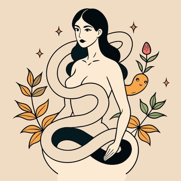 Vector a woman with a snake on her back is sitting in a circle with the words quot snake quot on it