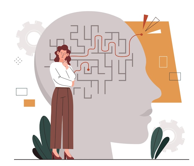 Woman with solutions to problems Girl at backrgound of abstract silhouette of head with maze Intellectual challenge and puzzles task Character makes decision Cartoon flat vector illustration