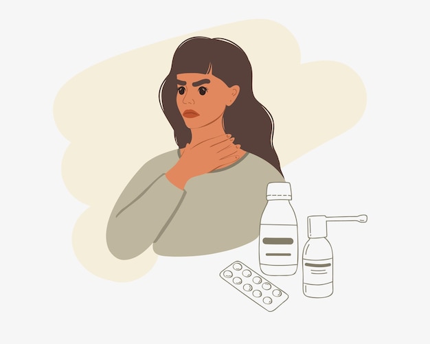 喉が痛い女性は首に手を当てます。治療のための薬のセットの近く。