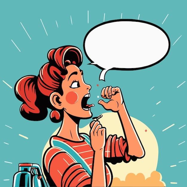 Woman with a speech bubble above her mouth