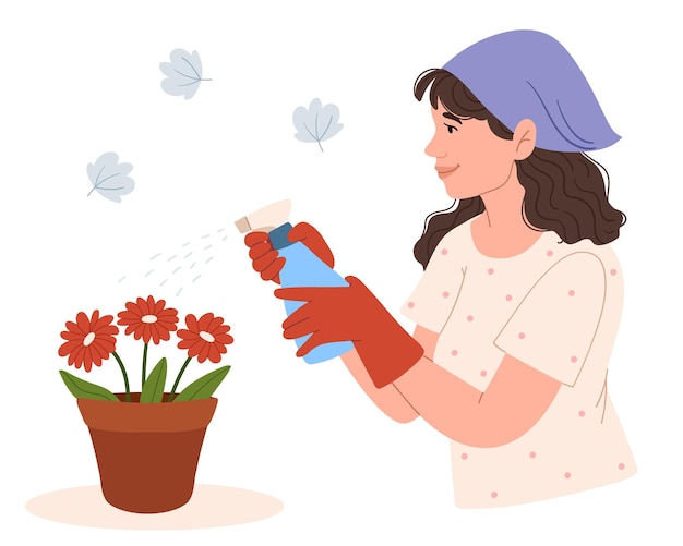 Vector woman with spray bottle spraying houseplants