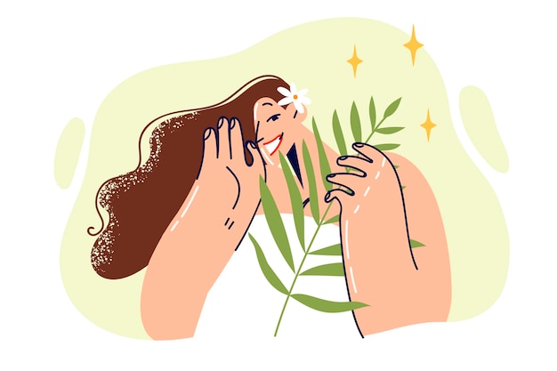 Vector woman with sprig of plant smiles calling for use of organic cosmetics based on natural herbs happy girl holds plant from which creams are prepared for nourishing skin and rejuvenating procedures