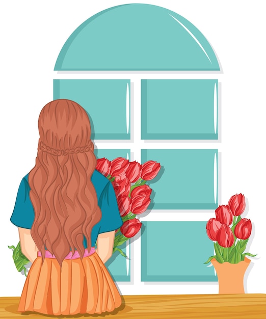 Vector woman with spring flower bouquet. mother's day. springtime