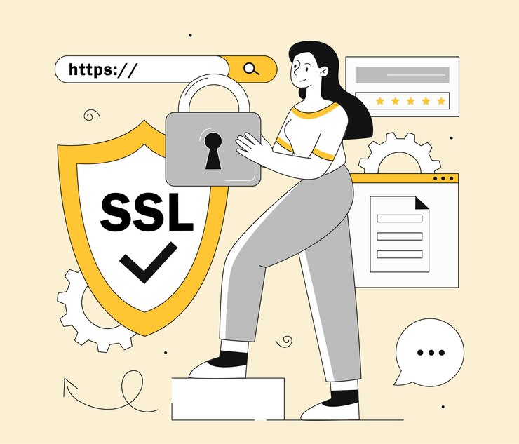 Vector woman with ssl line concept young girl with shield and padlock security system on internet
