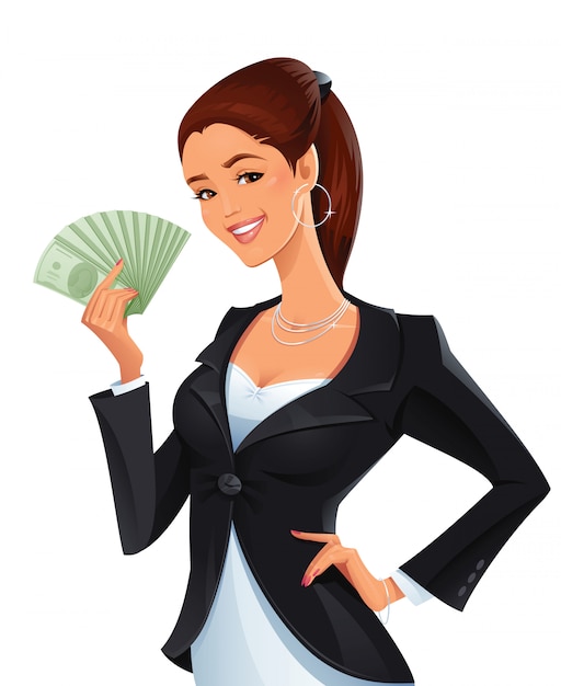 Vector woman with a stack of money