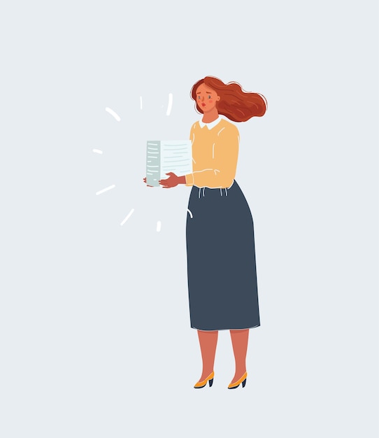 Vector woman with stack of paper in her hands office character