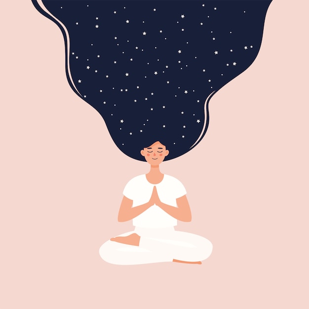 женщина со звездными волосами медитирует в позе лотоса