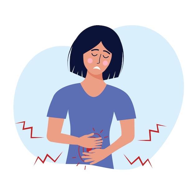 Premium Vector | Woman with stomach pain female character suffers from  abdominal pain poisoning period pain
